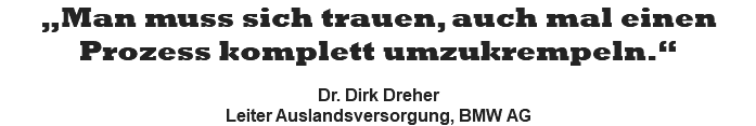 „Man muss sich trauen, auch mal einen Prozess komplett umzukrempeln.“  Dr. Dirk Dreher Leiter Auslandsversorgung, BMW AG